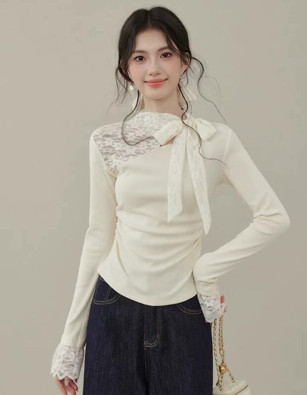 レース 服 秋冬レース切替長袖ブラウス リボン付きフェミニントップス