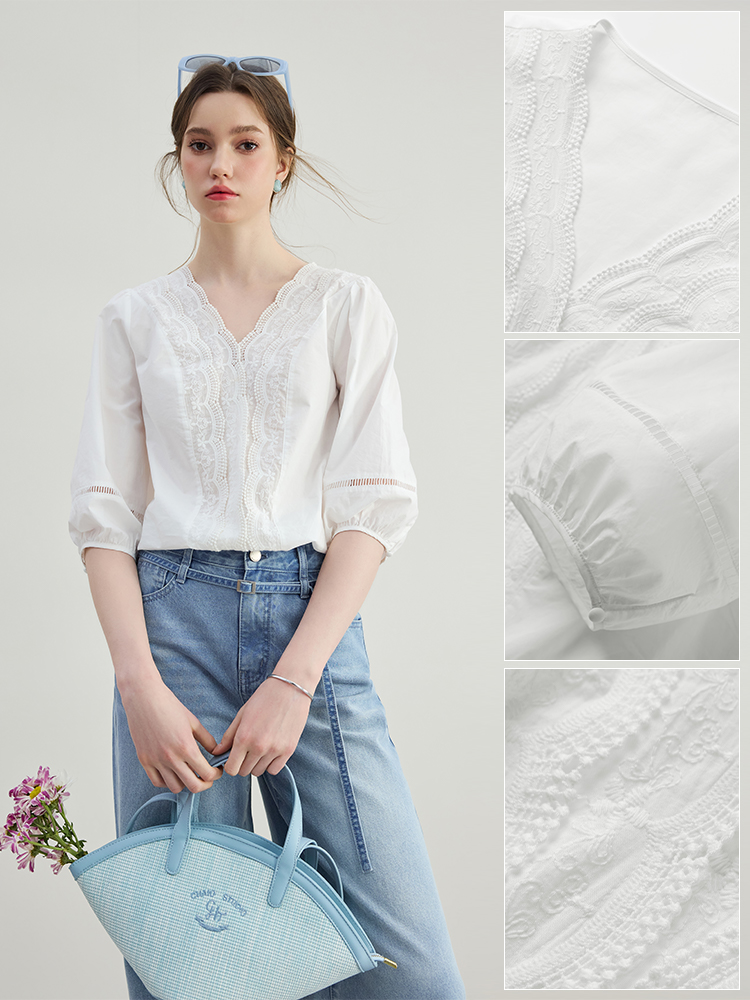 レース 服 優美刺繍レース七分袖ブラウス