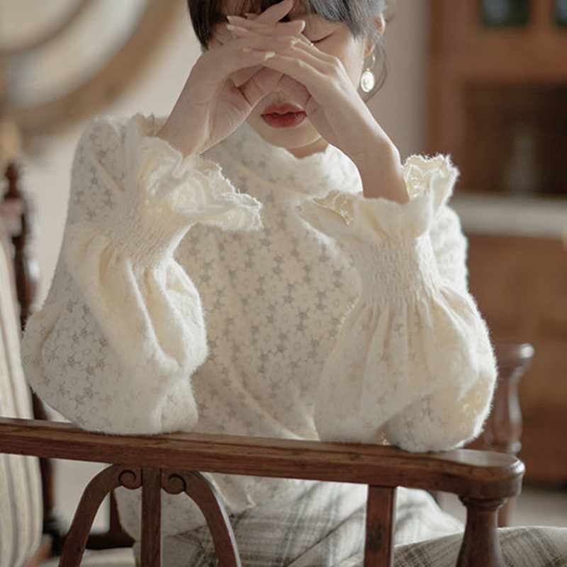 レース 服 レディース長袖レース編みプルオーバー秋冬トップス