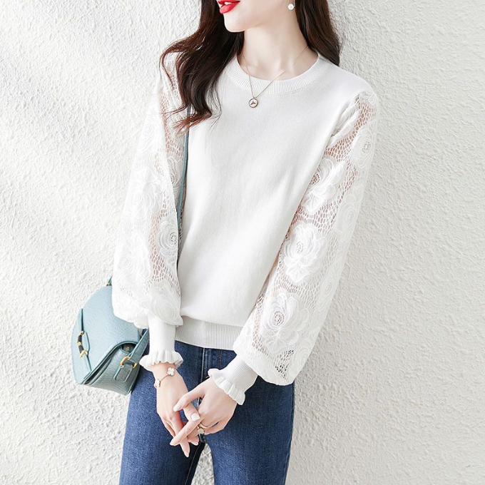 レース 服 2025新作レース袖切り替え長袖薄手透け感丸首トップス
