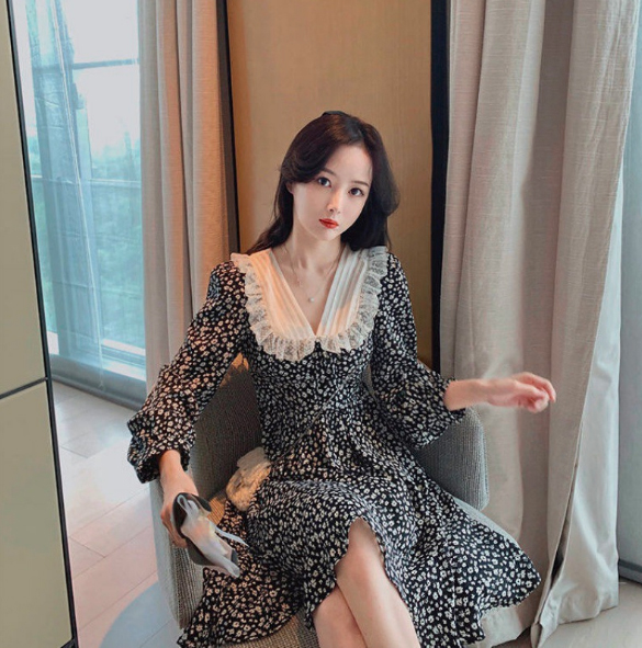 レース 服 レース襟花柄ワンピース 長袖シフォン風