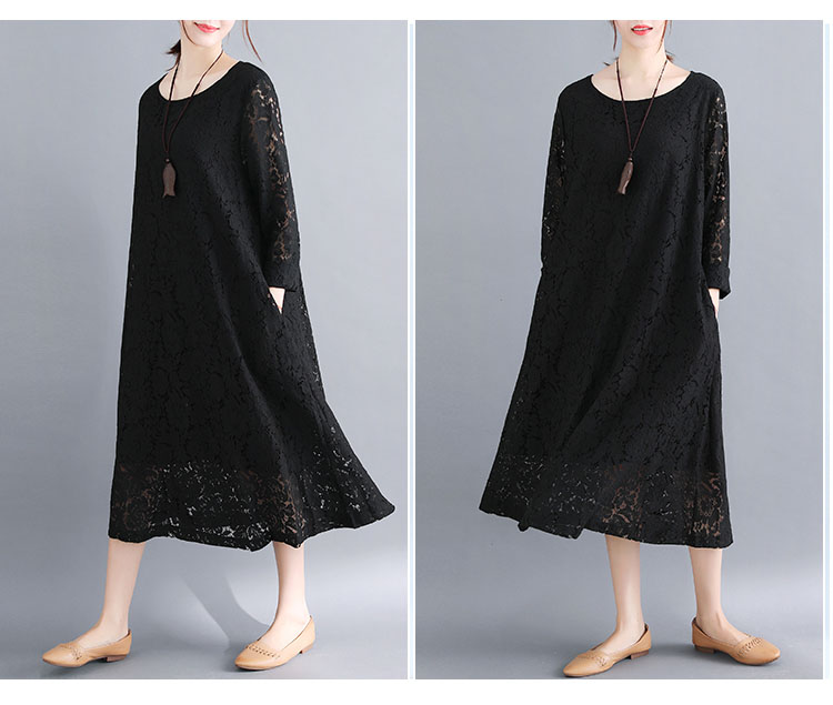 レース 服 総レース長袖ワンピース大きいサイズ着痩せミディ丈