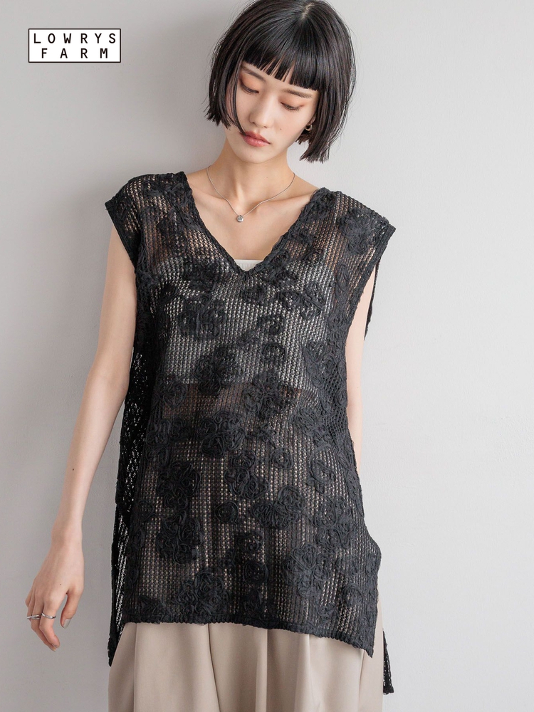 レース 服 花模様透かし編みレースチュニック