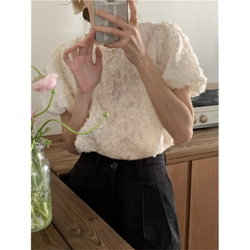 レース 服 レース丸首半袖トップス体型カバーふんわり袖レディース