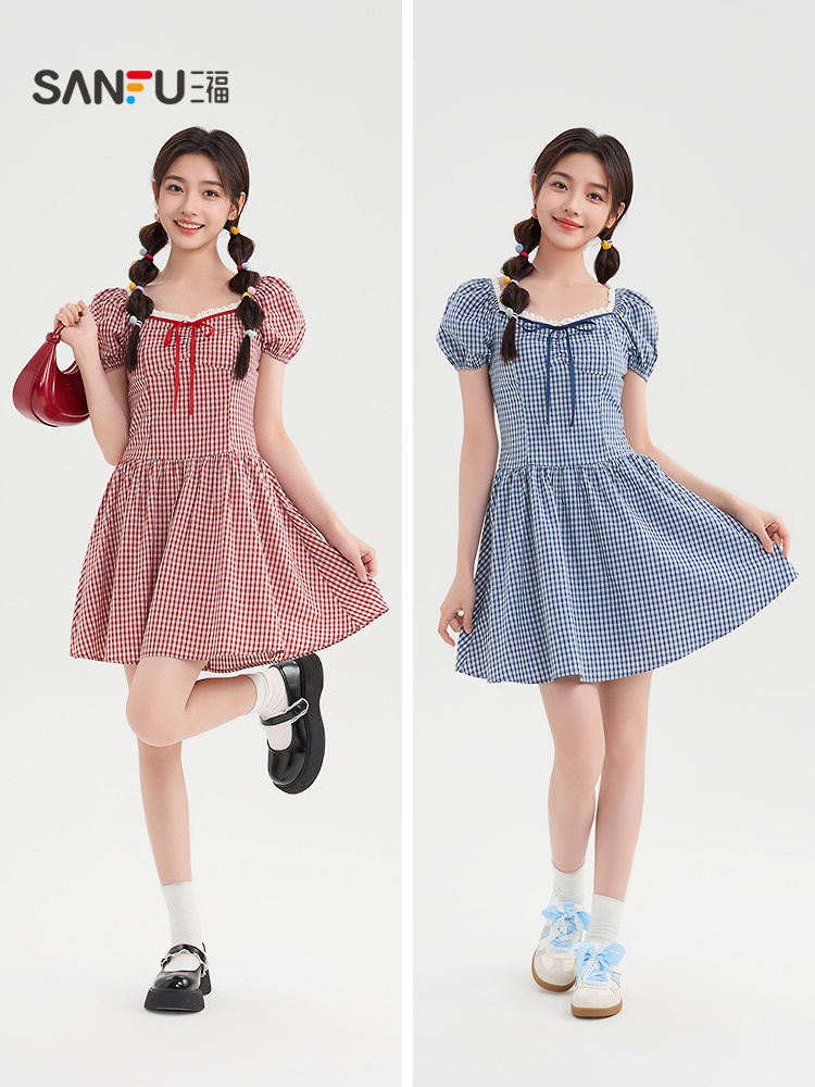 レース 服 格子柄レース縁取りパフスリーブワンピース