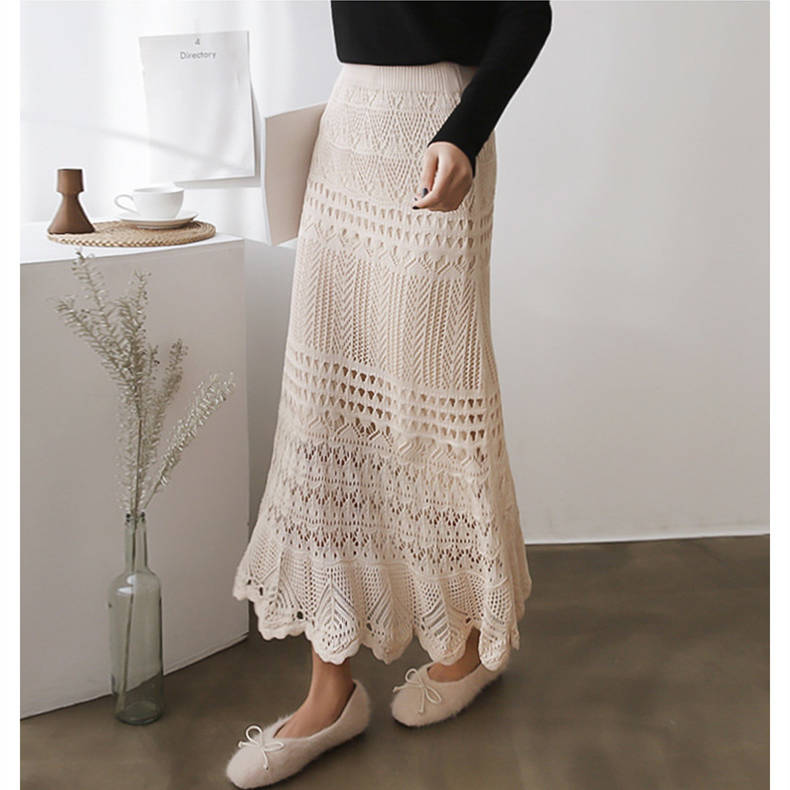 レース 服 春夏新作 透かし編み レースニットスカート ロング丈 女性用