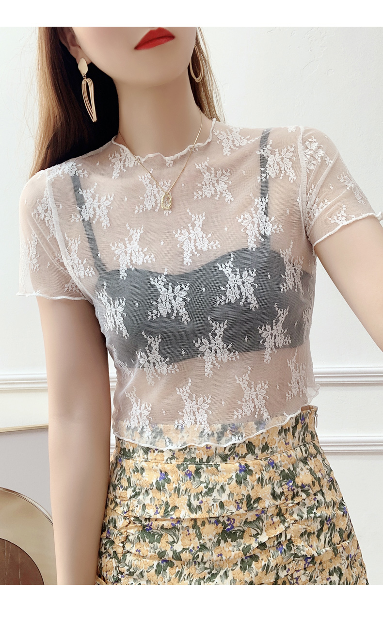 レース 服 花刺繍シアーレイヤードトップス