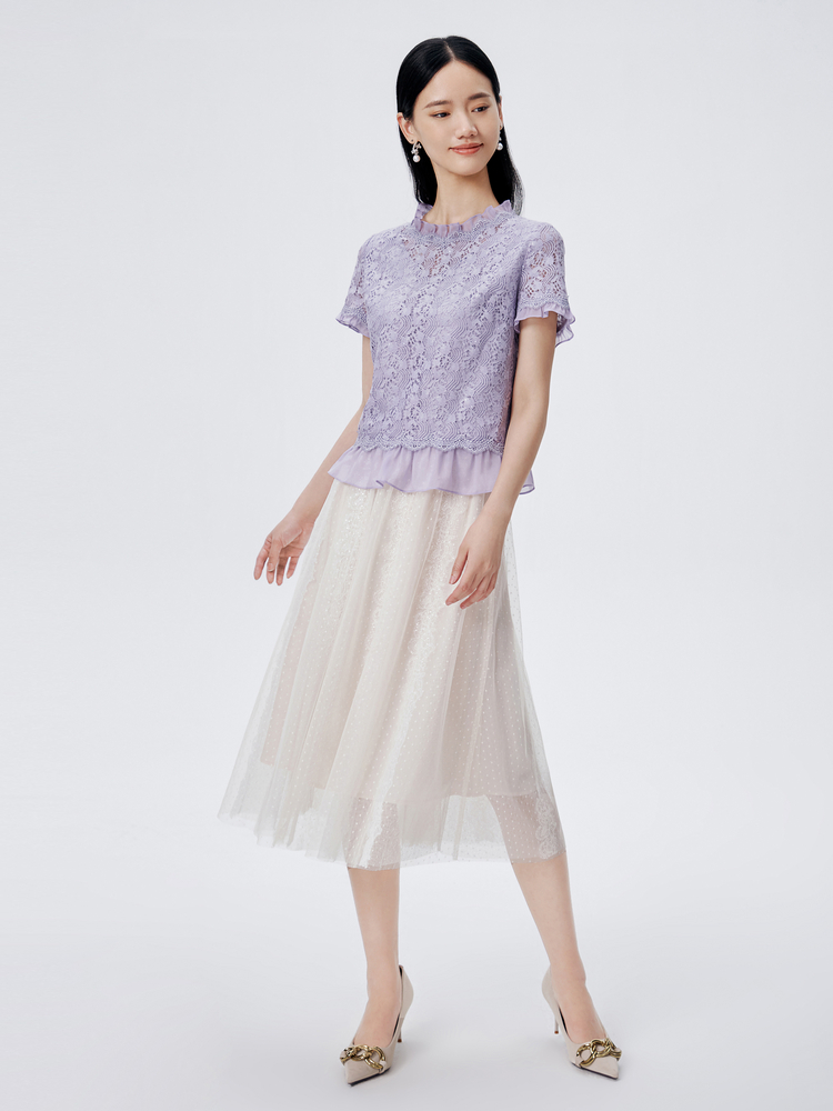 レース 服 花柄レース フリル裾トップス