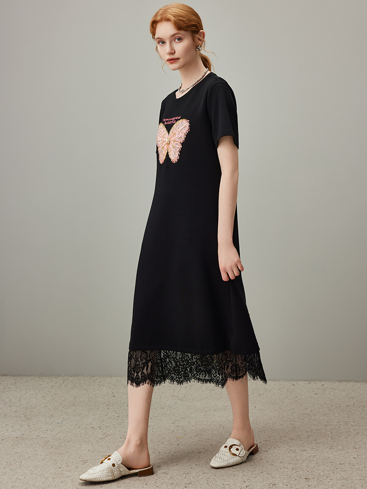 レース 服 蝶々刺繍レース裾ワンピース