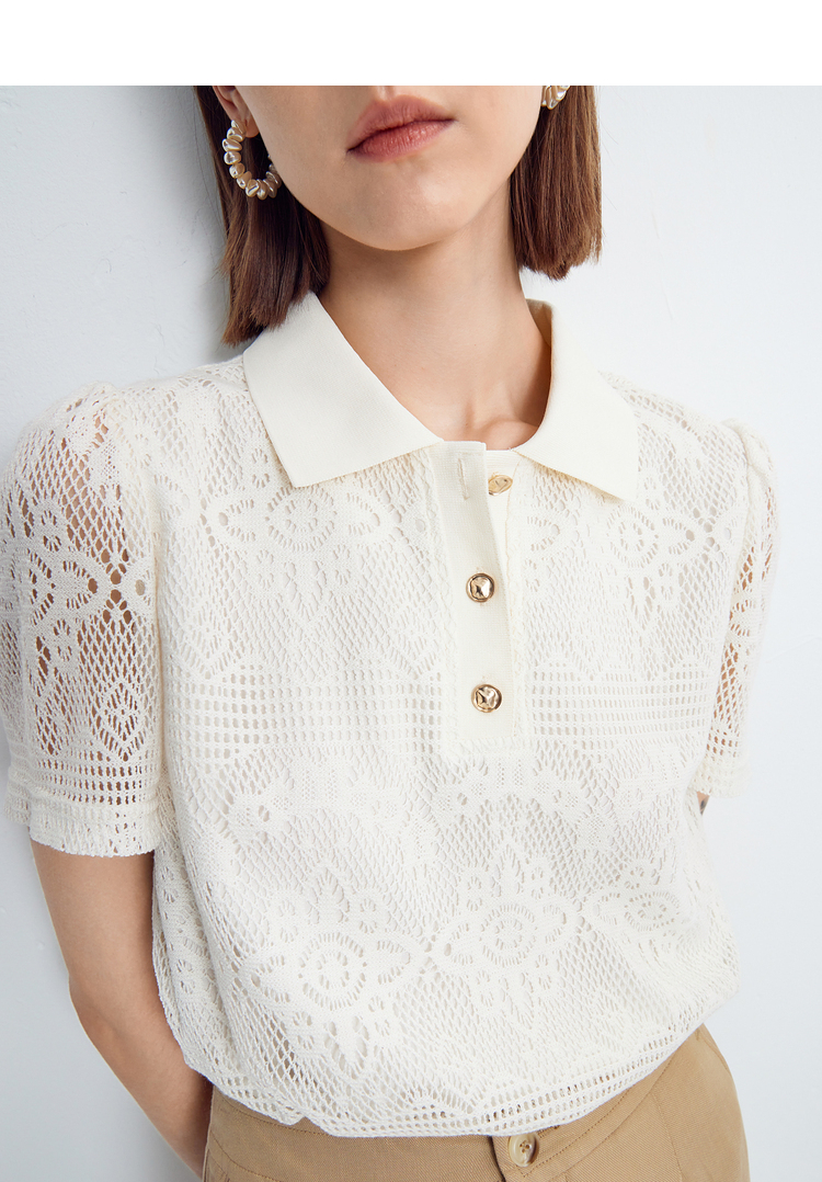 レース 服 花柄レース襟付きポロトップス