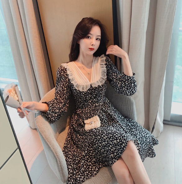 レース 服 レース襟花柄ワンピース 長袖シフォン風