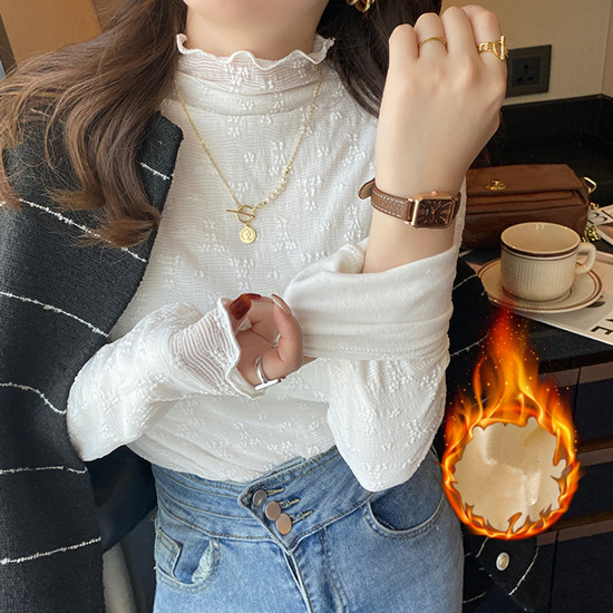レース 服 秋冬新作 レース裏起毛トップス スタンドカラー上品ブラウス