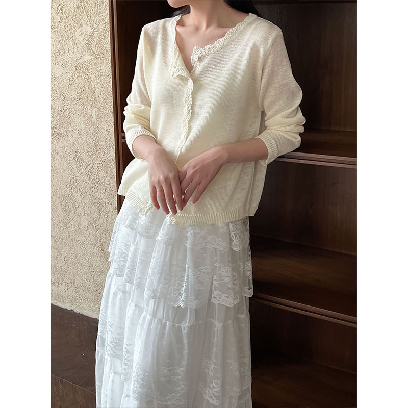 レース 服 花縁レース付きカーディガン