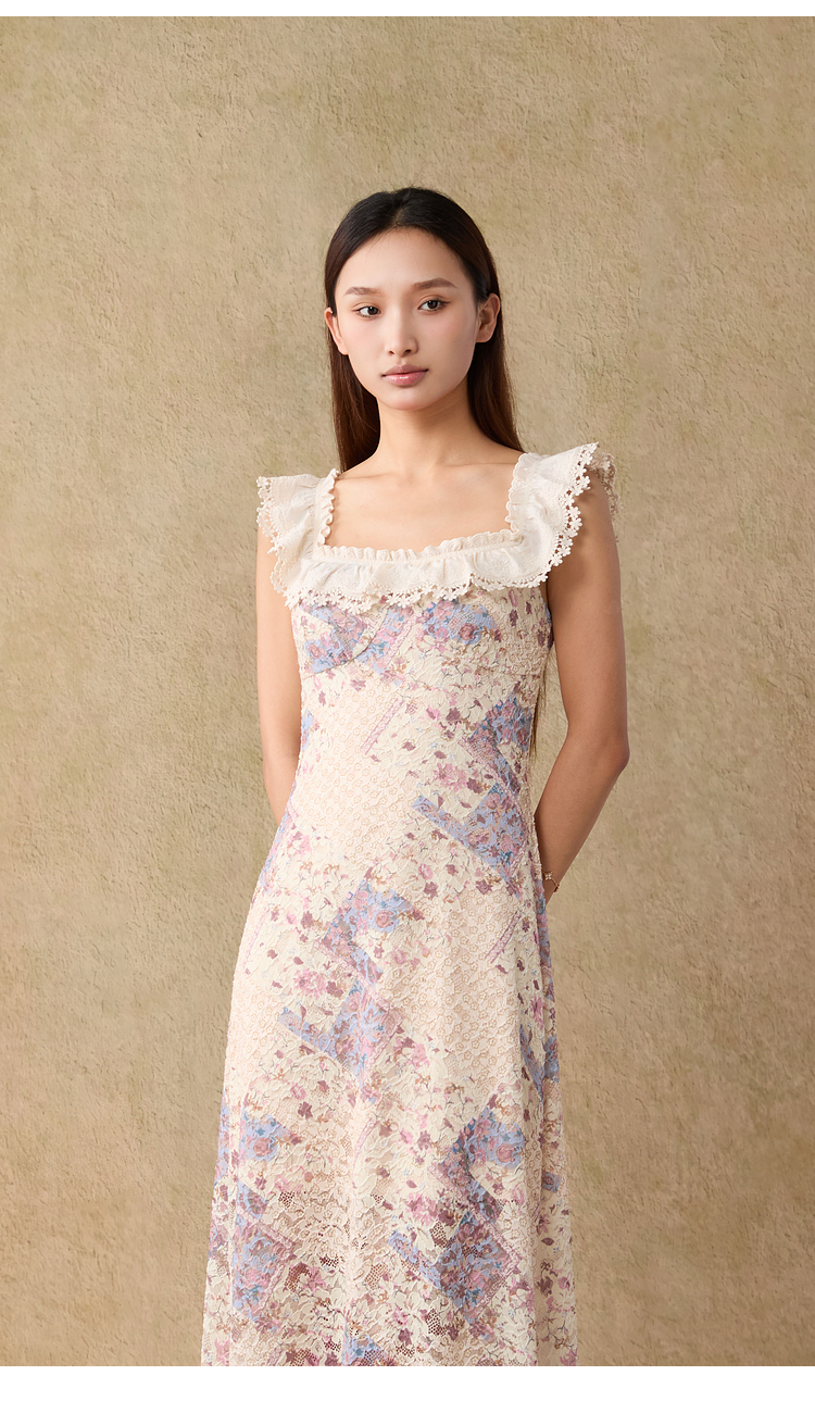 レース 服 花柄フリルレースロングワンピース