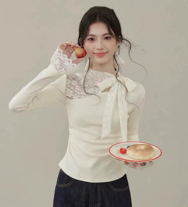 レース 服 秋冬レース切替長袖ブラウス リボン付きフェミニントップス