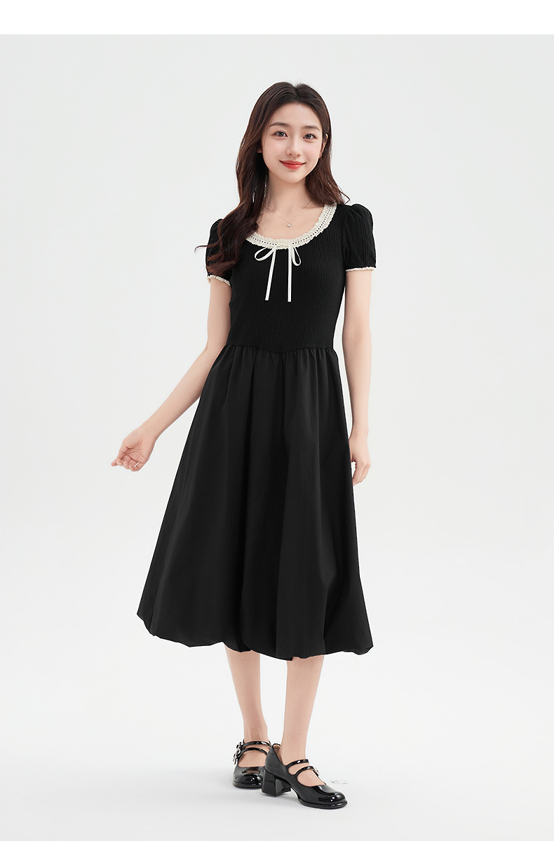 レース 服 上品リボン付きレース襟ワンピース