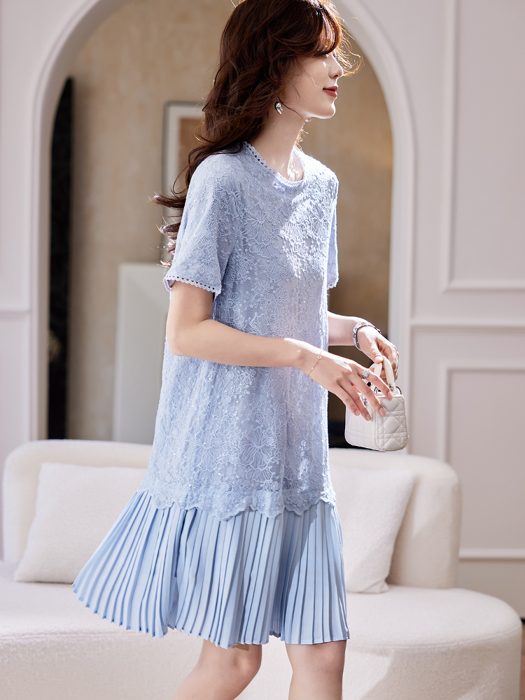 レース 服 花柄レース プリーツ切替ワンピース