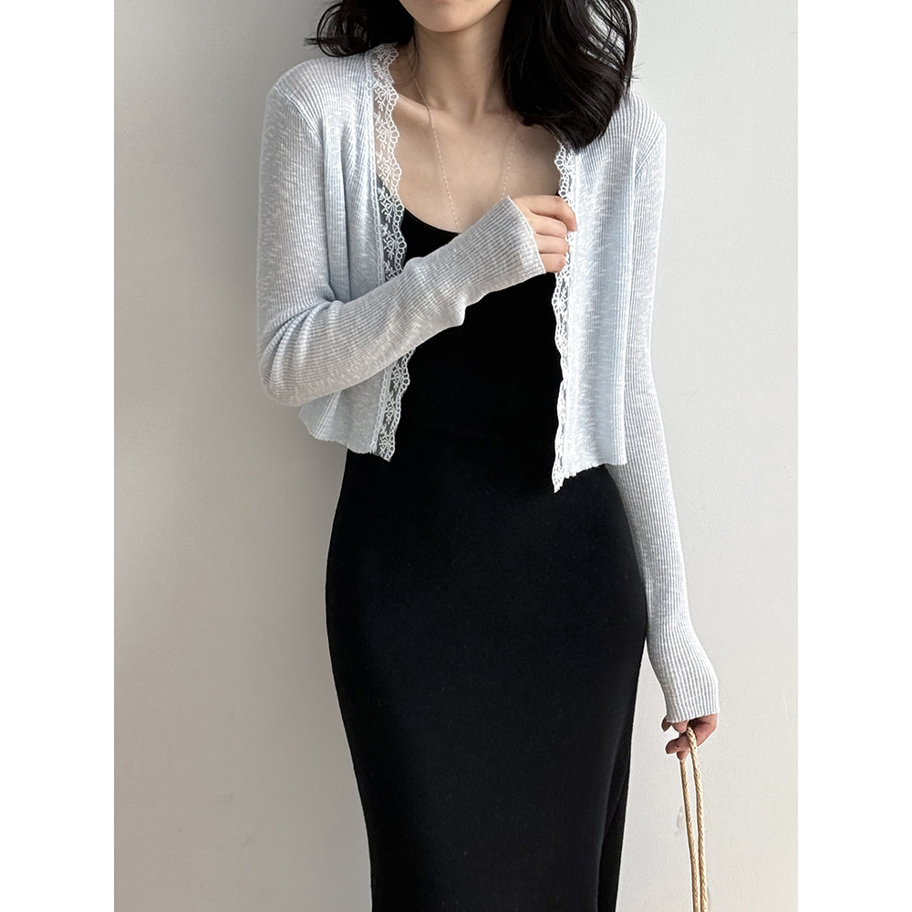 レース 服 レース縁取りリブ編みカーディガン