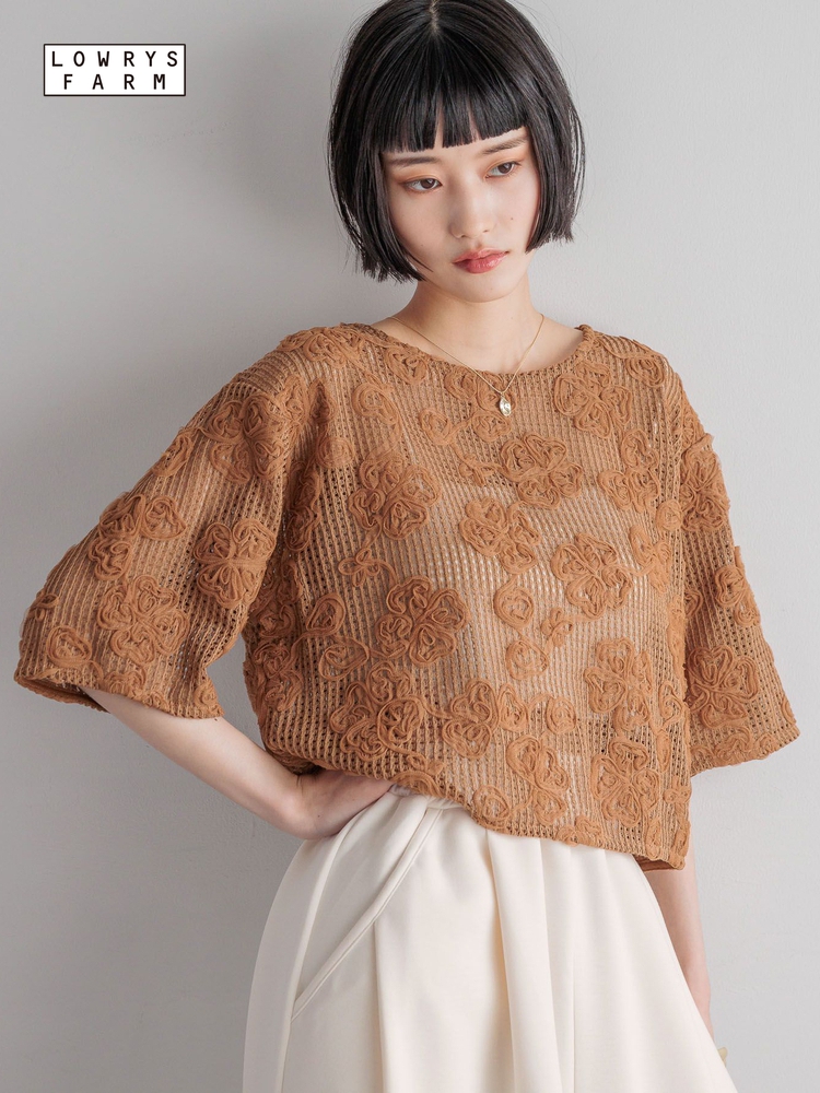 レース 服 花柄透かし編みレーストップス