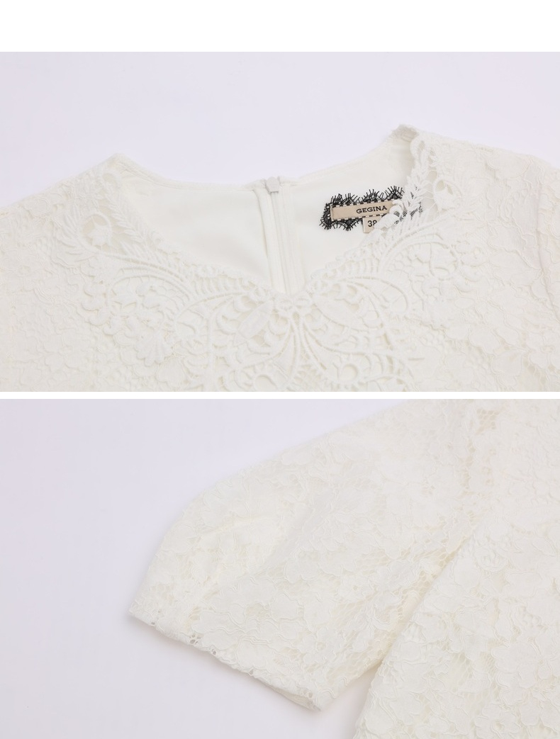 レース 服 花柄レース袖ふんわりミディ丈ワンピース