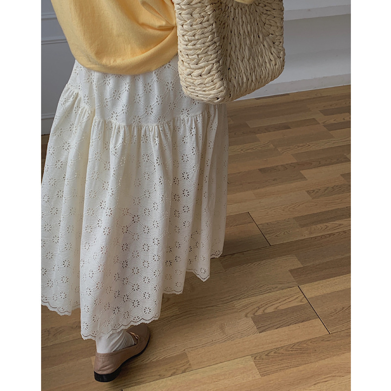 レース 服 透かし彫りレーススカート ロング丈フレア ティアード