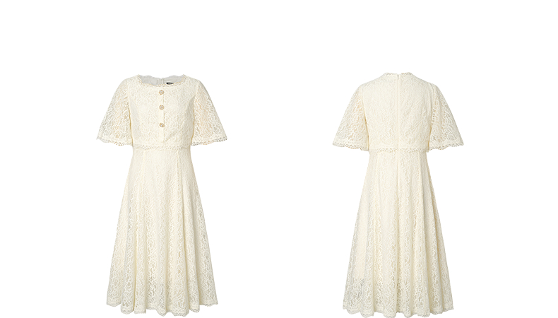 レース 服 優美なフレア袖レースワンピース