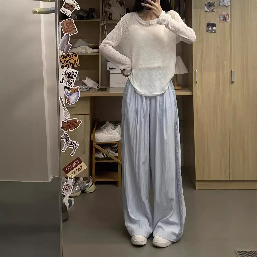 レースファッション サイドレース入りワイドパンツ