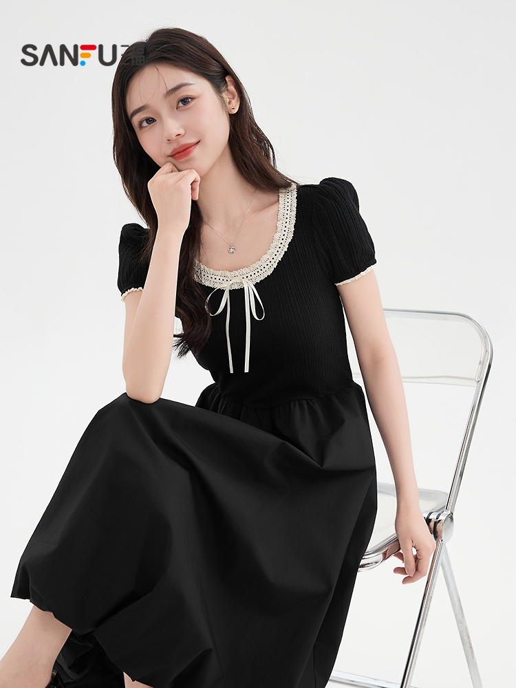 レース 服 上品リボン付きレース襟ワンピース