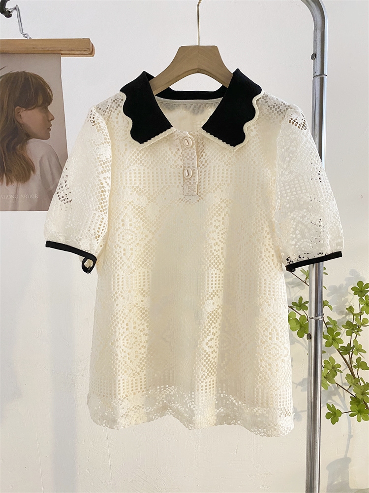 レース 服 襟付きレース半袖ポロブラウス