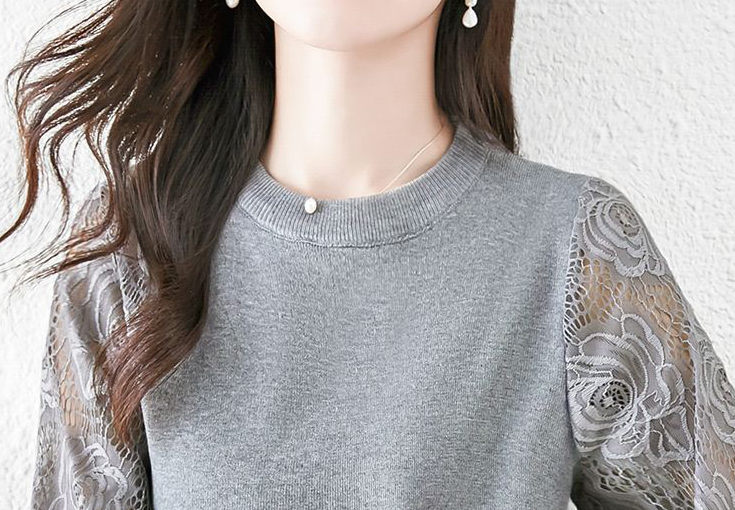 レース 服 2025新作レース袖切り替え長袖薄手透け感丸首トップス