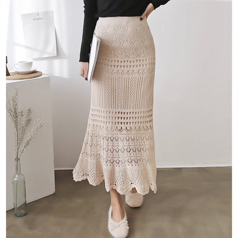 レース 服 春夏新作 透かし編み レースニットスカート ロング丈 女性用