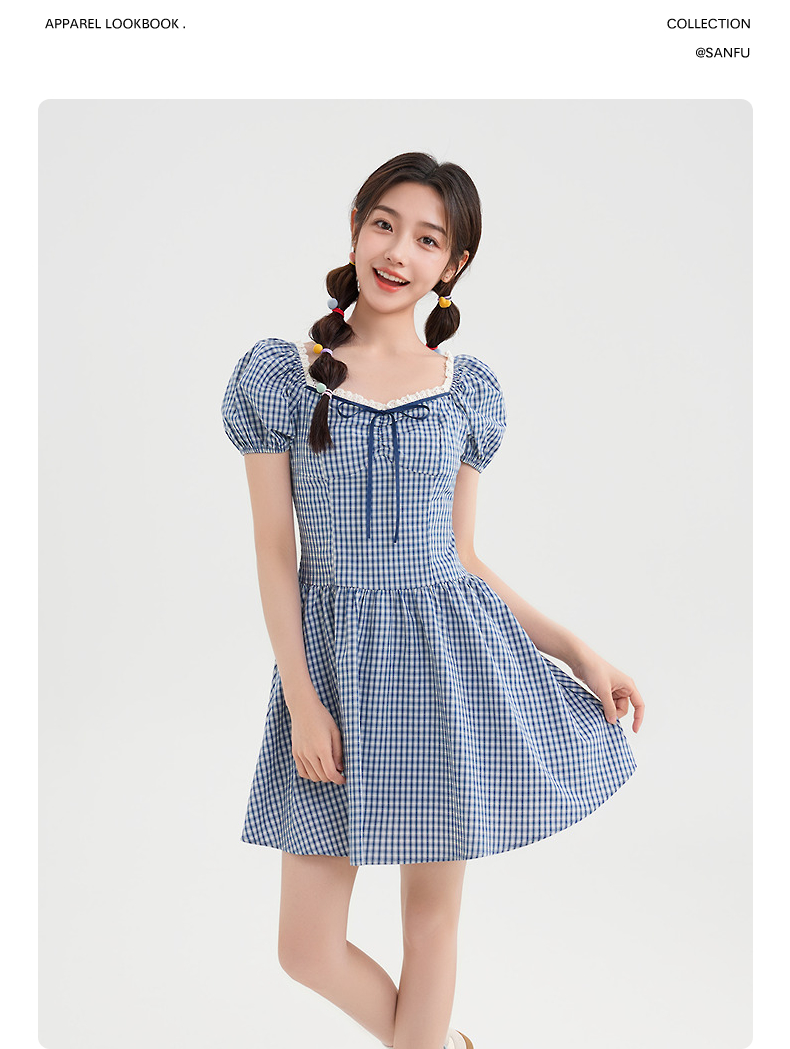 レース 服 格子柄レース縁取りパフスリーブワンピース