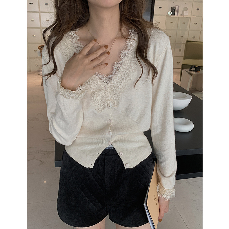 レース 服 レディース長袖レース襟ニットカーディガン 2色