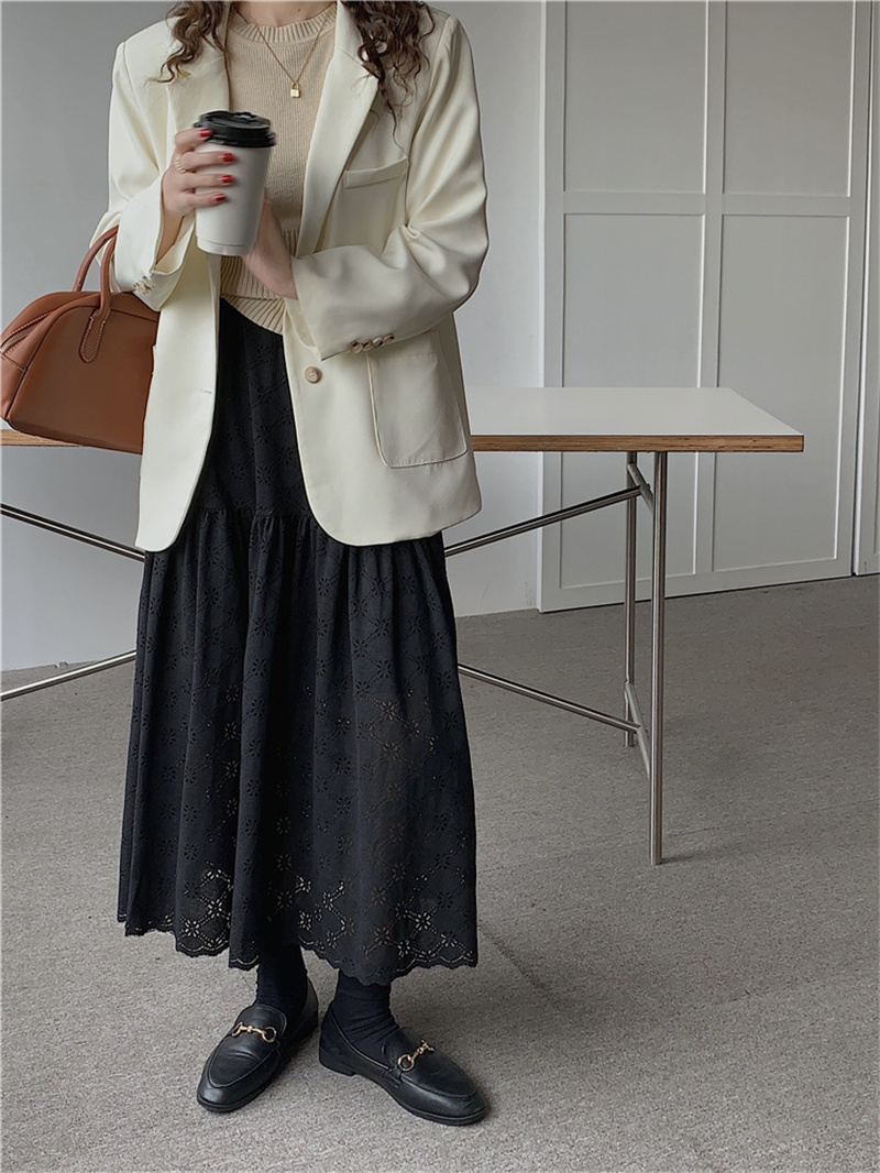 レース 服 透かし彫りレーススカート ロング丈フレア ティアード