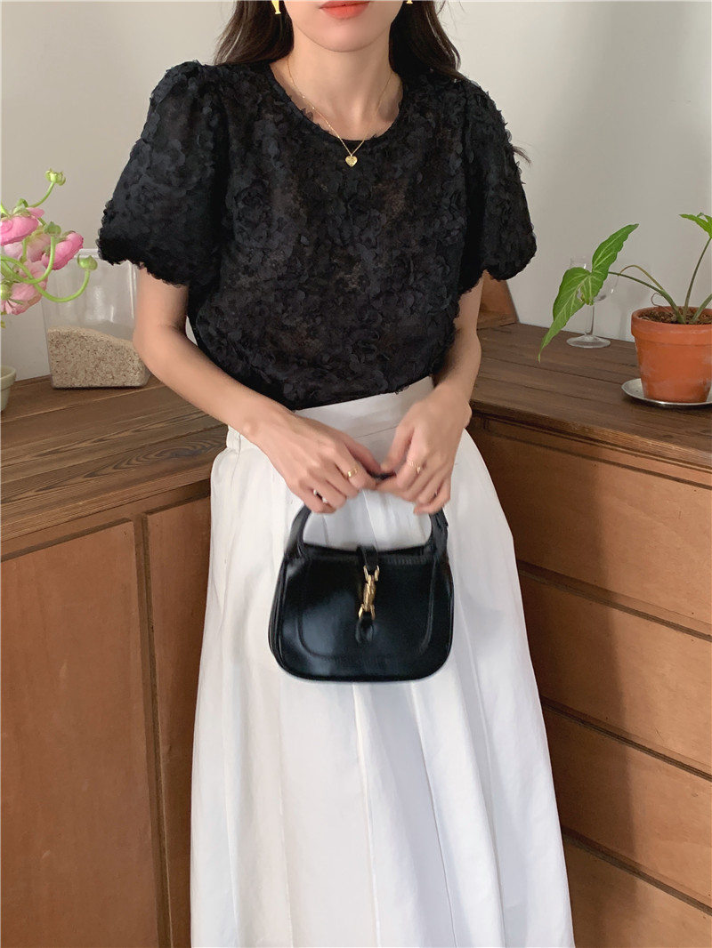 レース 服 レース丸首半袖トップス体型カバーふんわり袖レディース