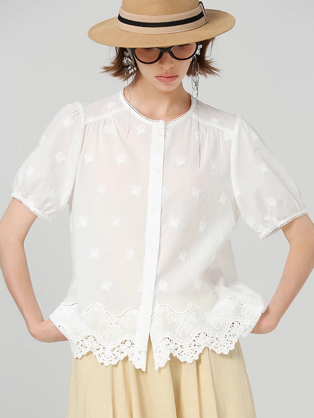 レース 服 花刺繍パフスリーブレースブラウス