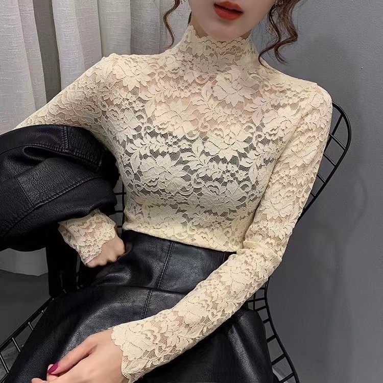 レースファッション 優美なフラワーレース タートルネックトップス