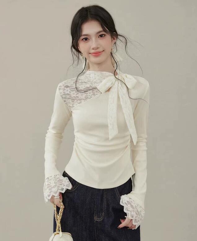 レース 服 秋冬レース切替長袖ブラウス リボン付きフェミニントップス