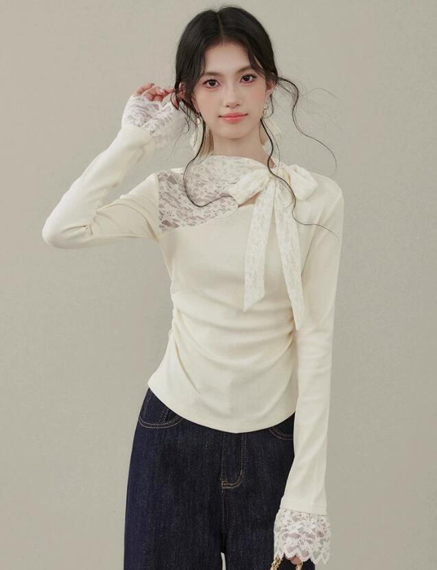 レース 服 秋冬レース切替長袖ブラウス リボン付きフェミニントップス