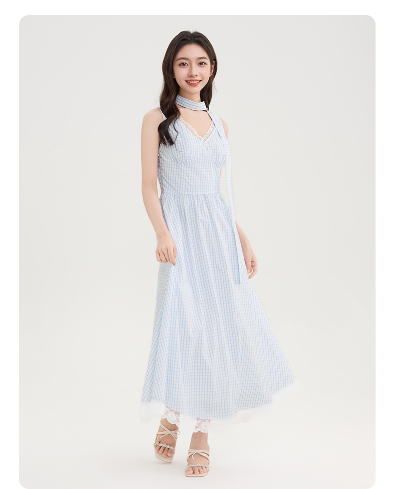 レース 服 レース縁取りチョーカー付きマキシワンピース