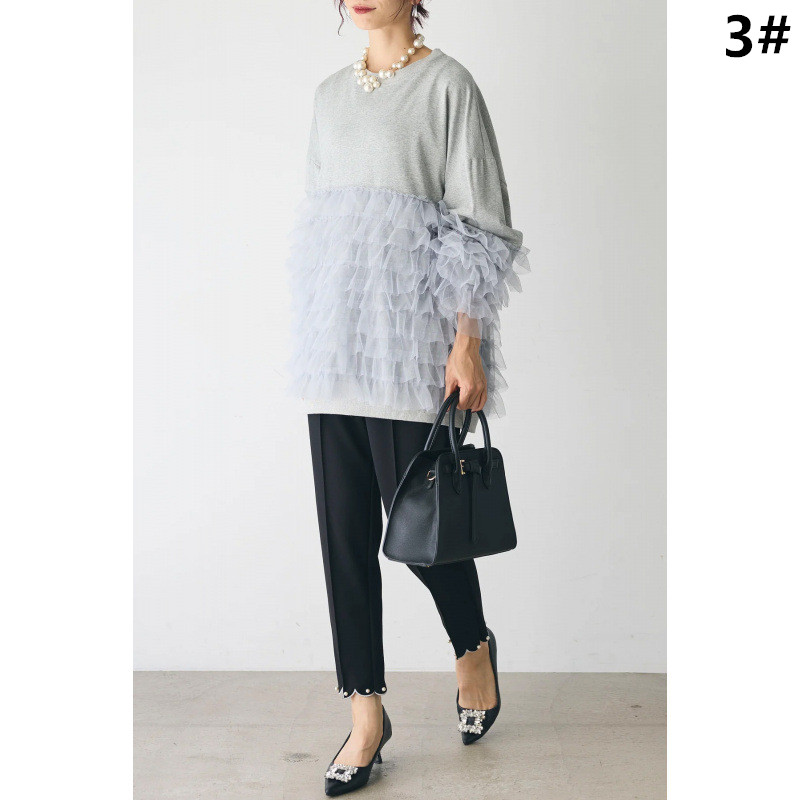 レース 服 春新作 レース重ねフリル袖 体型カバー トップス レディース
