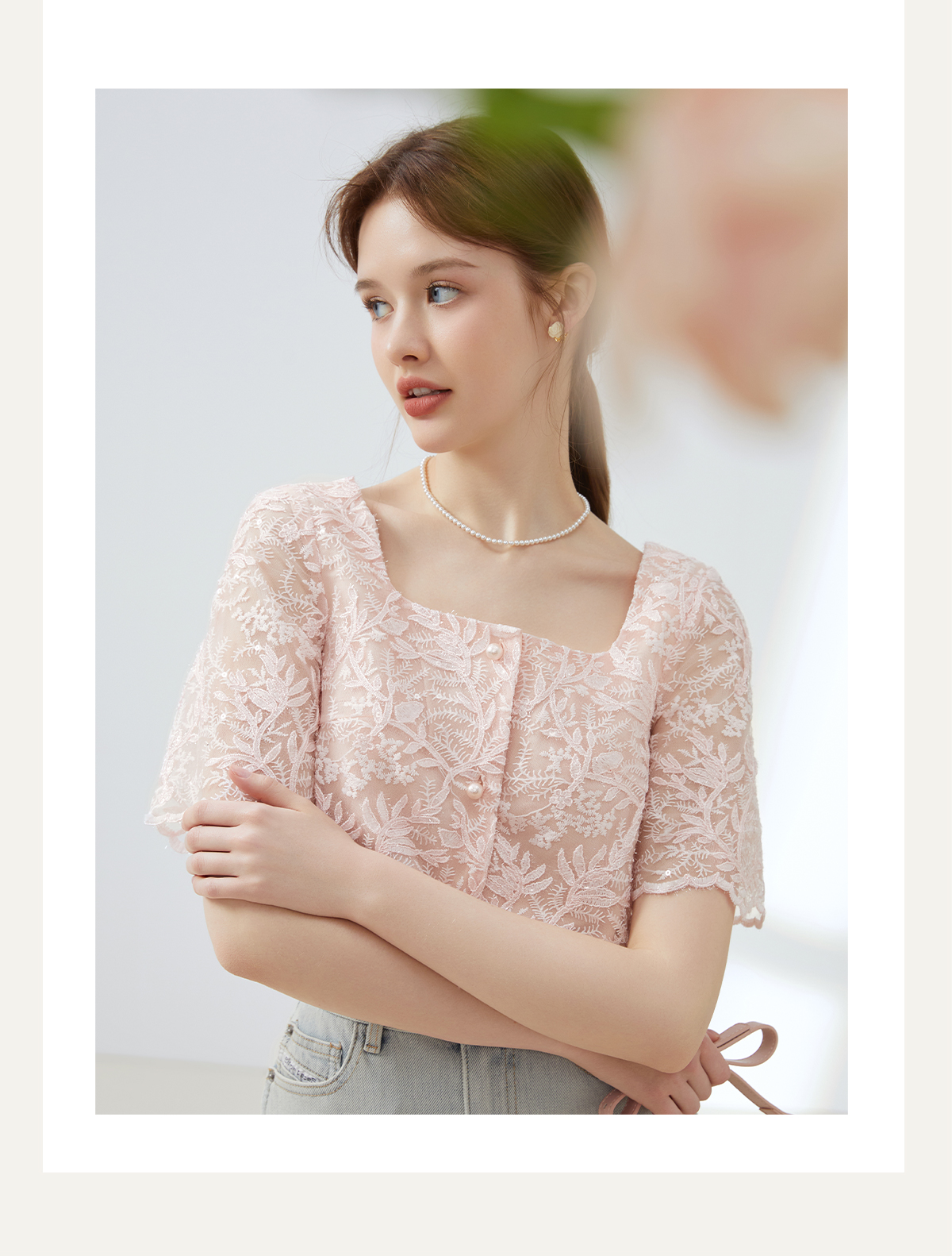レース 服 花模様スクエアネックレーストップス