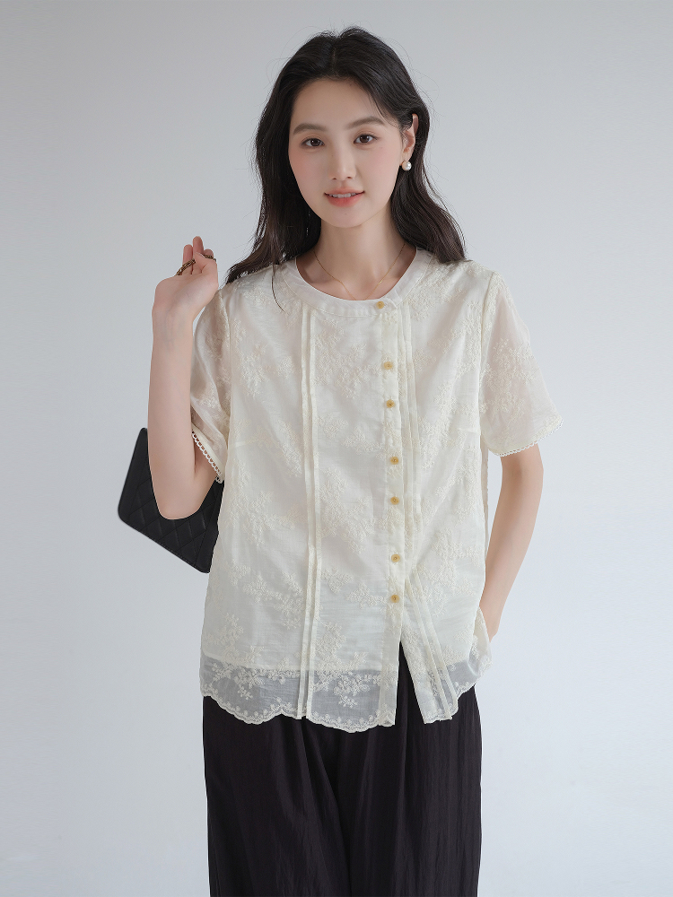 レース 服 花刺繍入り裾レース半袖ブラウス