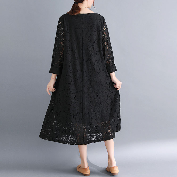 レース 服 総レース長袖ワンピース大きいサイズ着痩せミディ丈