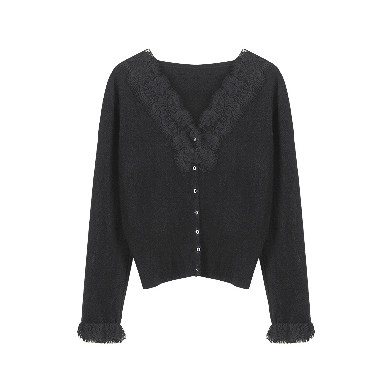 レース 服 レディース長袖レース襟ニットカーディガン 2色