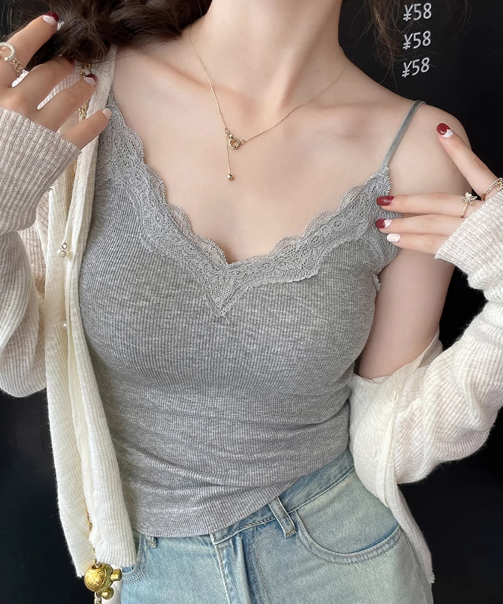 レース 服 レース装飾カップ付きキャミソール