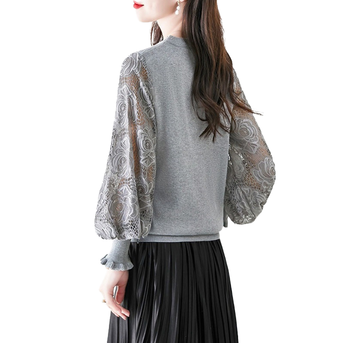 レース 服 2025新作レース袖切り替え長袖薄手透け感丸首トップス