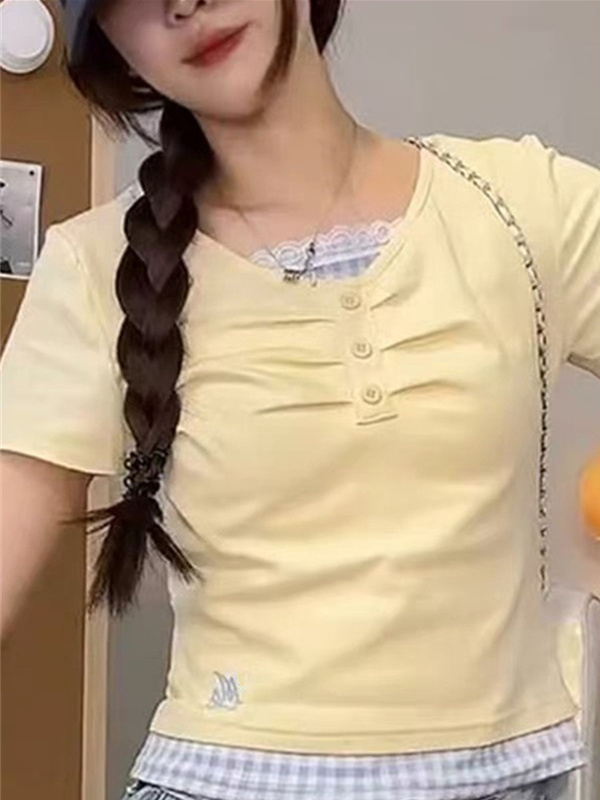 レース 服 レース縁取り重ね着風トップス