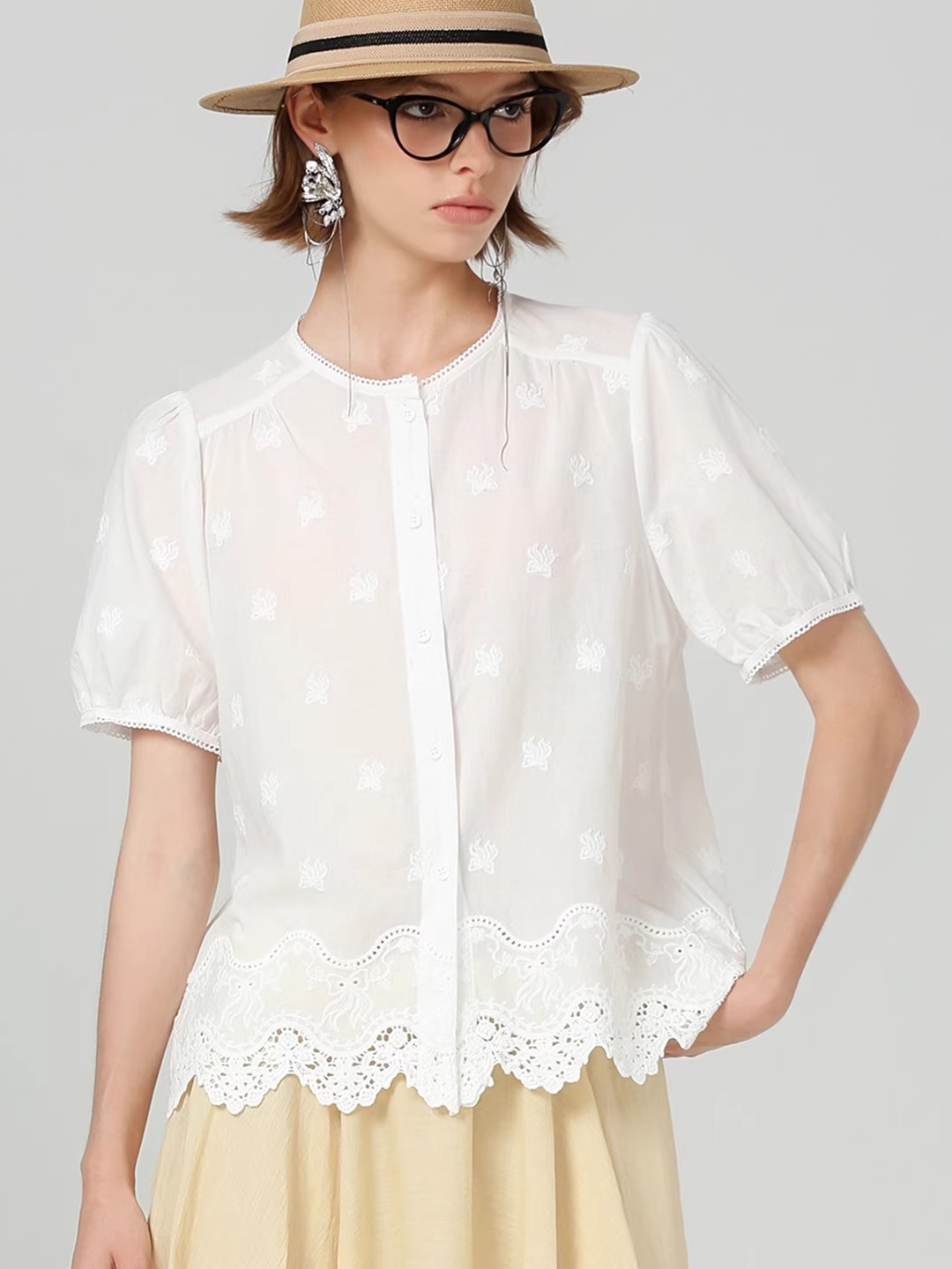 レース 服 花刺繍パフスリーブレースブラウス