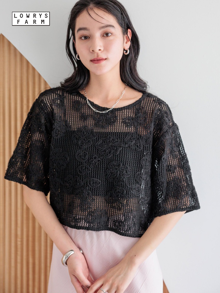 レース 服 花柄透かし編みレーストップス